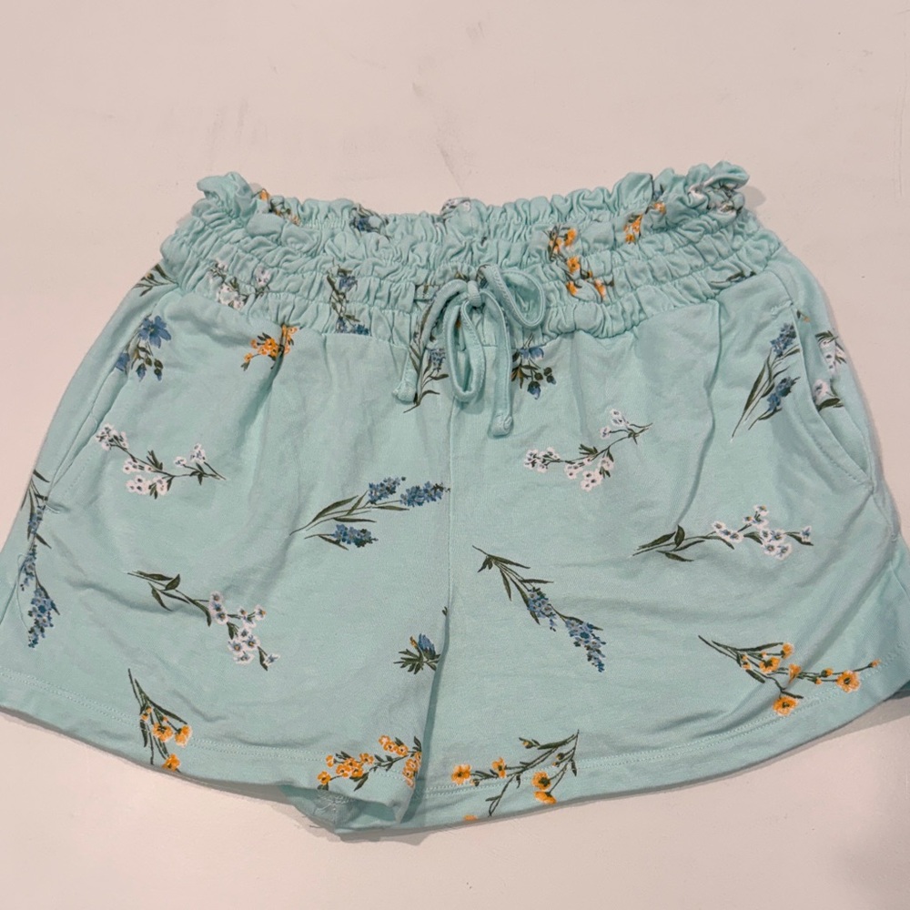 Girls' Light Teal Floral Elastic-Waist Shorts